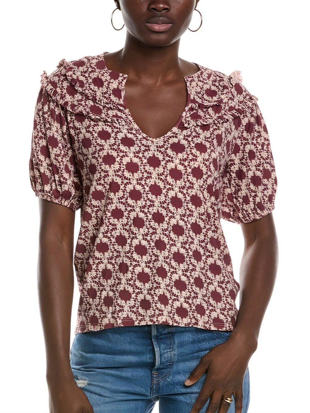 Nation Ltd. Maroon Patterned Ruffle Judith Yoked Cotton Top, XL